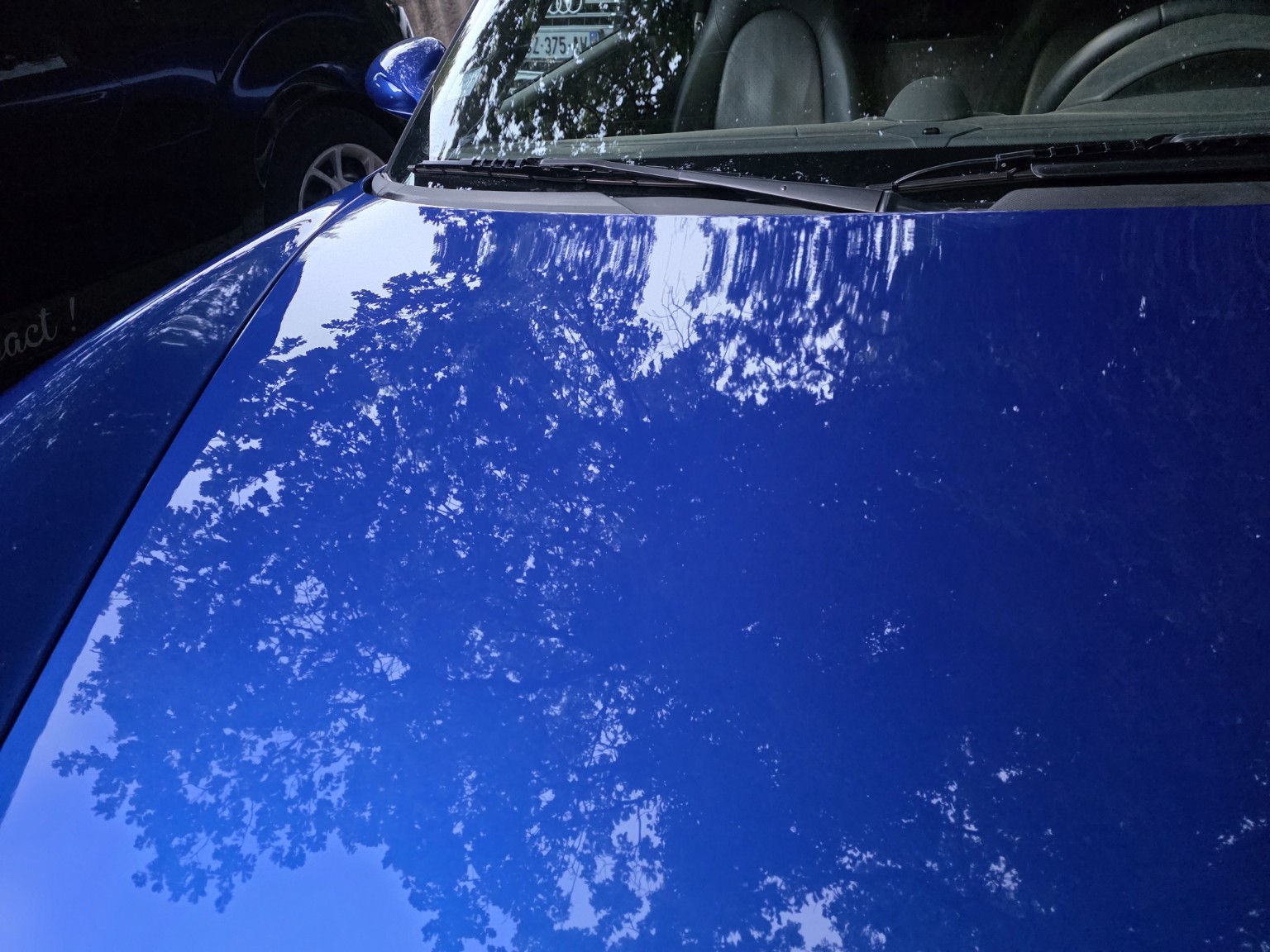 Capot Porsche Boxster après débosselage, reflets d'arbres nets et uniformes